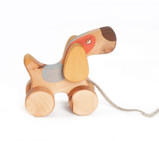 Being pulled, the handmade wooden pull toy dog starts flapping his ears and swinging up and down with his front wheels. Wooden toy is quality crafted and safe.